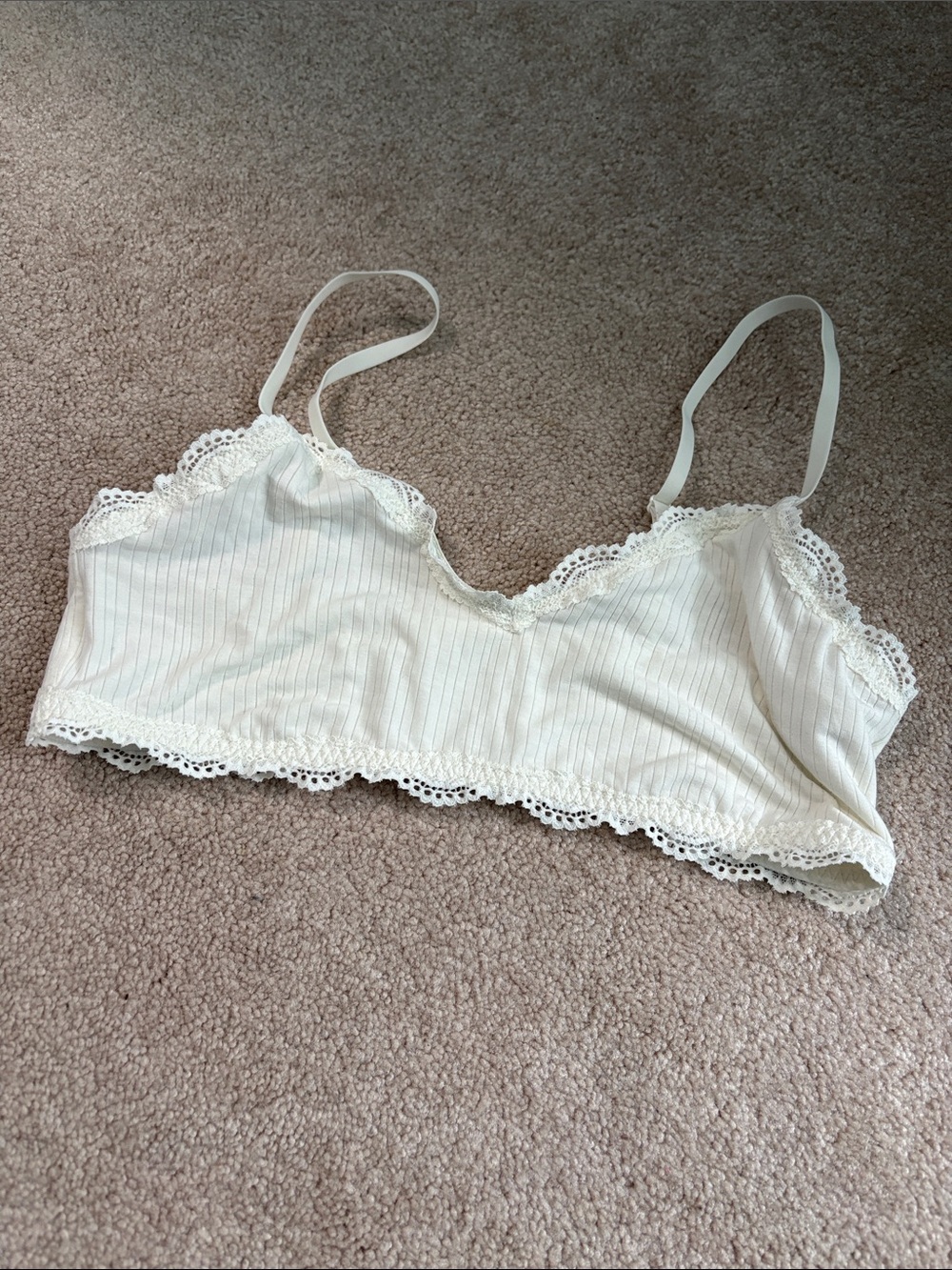 aerie Superchill Soft Ribbed Lace-Trim Bralette in Ivory